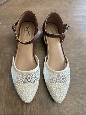 Seychelles Cream Lace Pointed-Toe Flats with Brown Ankle Straps